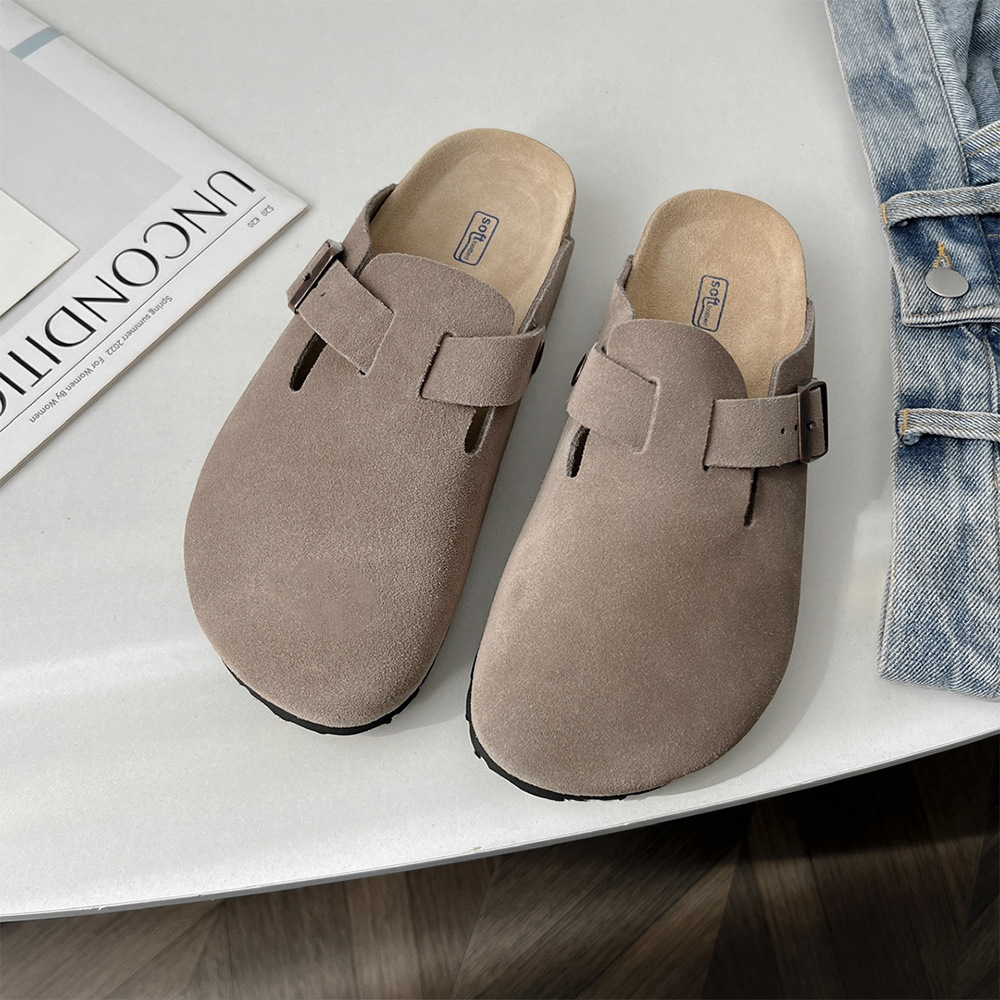 新款软底包头勃肯鞋女鞋头层牛皮圆头厚底软木半拖鞋-阿里巴巴