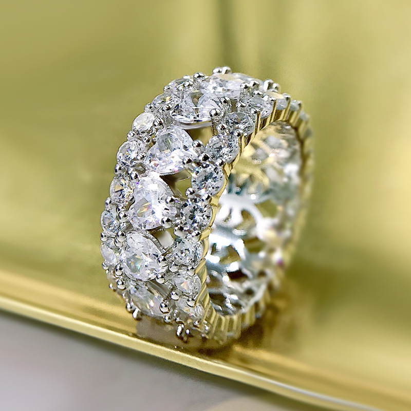 隆隆金新品 s925银欧美满钻排钻戒指环4mm心形小排戒女全钻宽指环