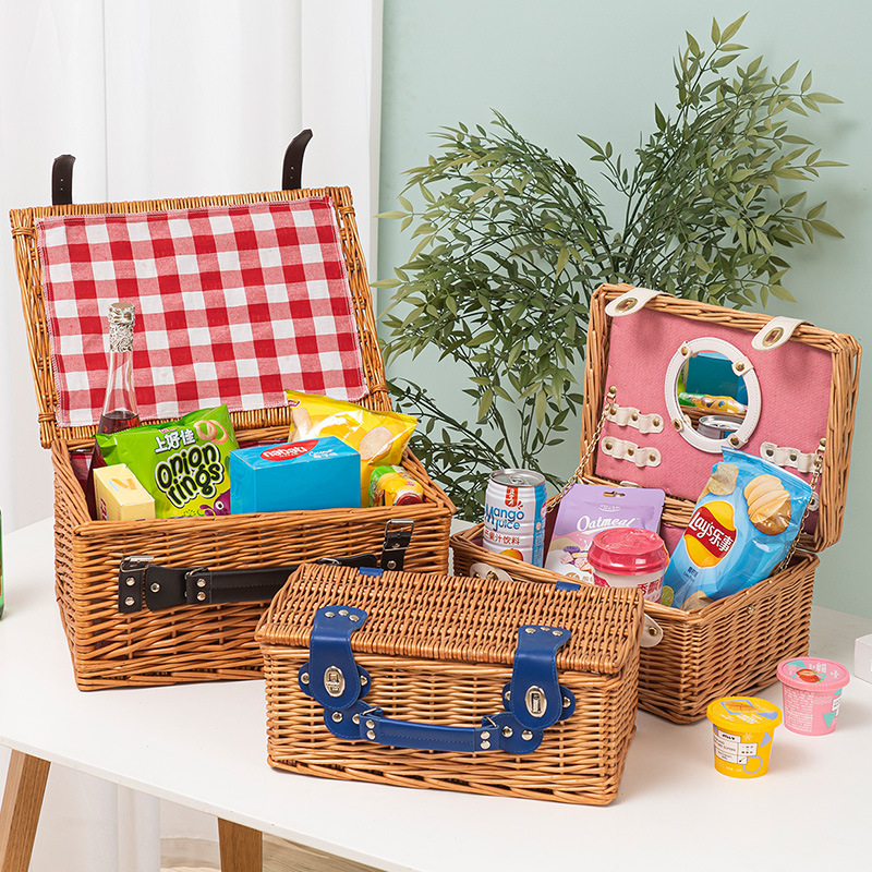 Outdoor Picnic Storage Basket Rattan Woven Rattan Woven Picnic Basket Fruit Basket Storage Basket with Lid and Tableware Picnic Basket Processing