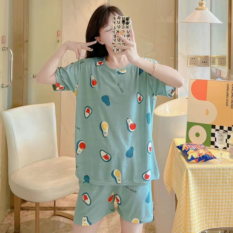 Factory Wholesale Multiple round Neck Short Sleeve Pajamas Women's Summer Casual Loose Milk Silk Home Wear Suit Foreign Trade Cross-Border