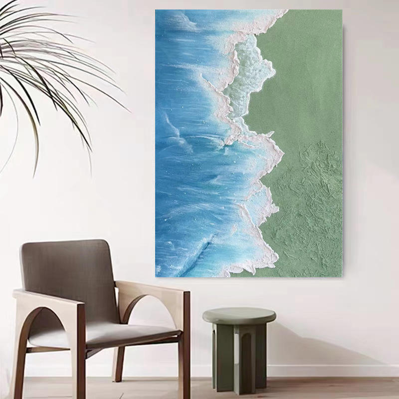 厂家直销客厅手绘海滩油画装饰画海浪拍岸厚肌理风景画壁画定 制