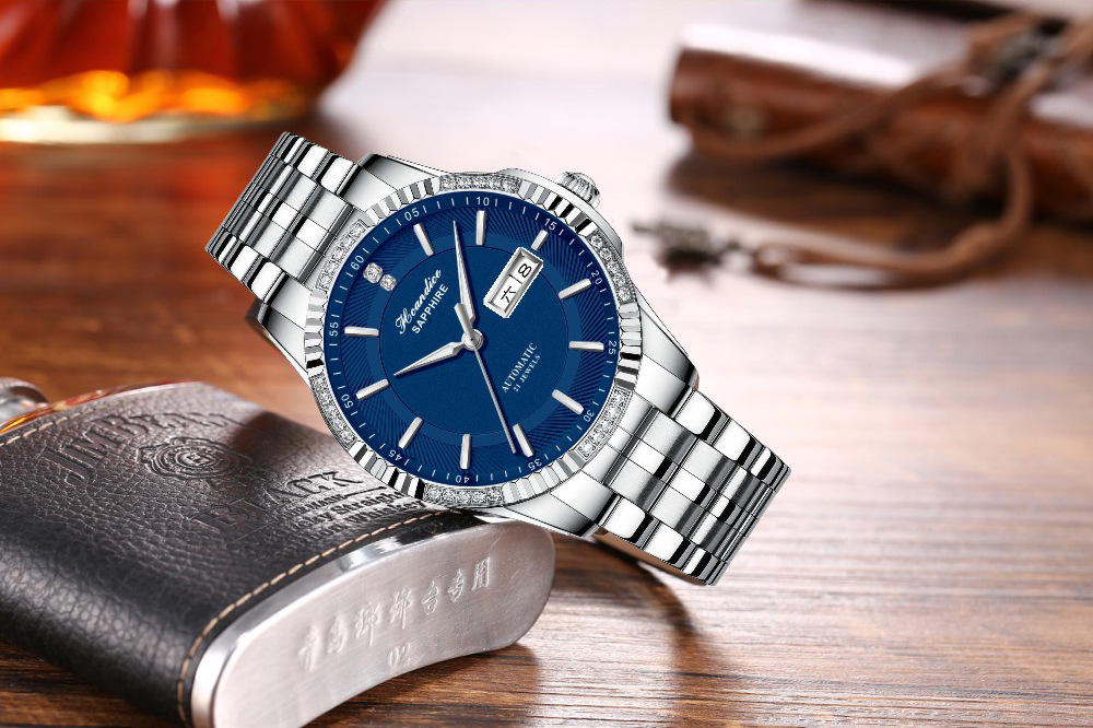 海帝斯盾瑞士品牌1608镶钻全自动机械手表 防水蓝宝石男商务手表