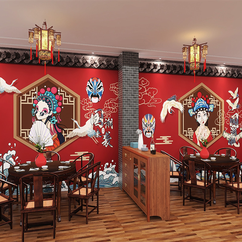3d国潮风餐厅背景墙墙布棋牌室麻将馆墙纸龙虾烧烤串串火锅店壁纸