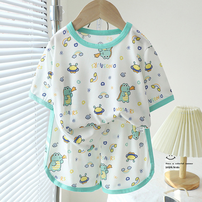 Children's Short-Sleeved Shorts Suit Girls' Summer Ice Silk Small Floral Print Homewear Baby Boy Cartoon Short Sleeved T-shirt