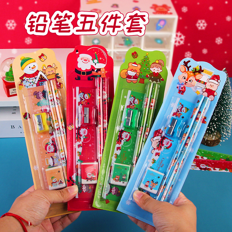 Christmas Card Five-Piece Set Pupils' Pencil Suit Kindergarten Activity Prize Children Learning Stationery Supplies