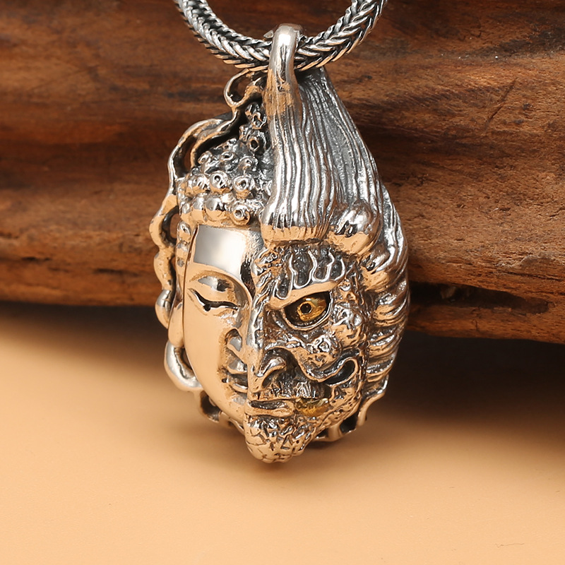 半佛魔一念之间吊坠个性善恶民族泰银项链坠复古男士潮人纯银饰品