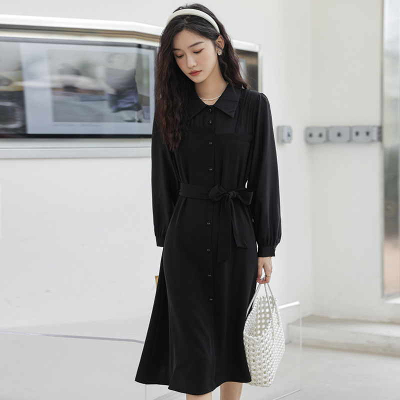 实拍 法式黑色衬衫连衣裙2022秋季风衣式系带收腰赫本气质中长裙