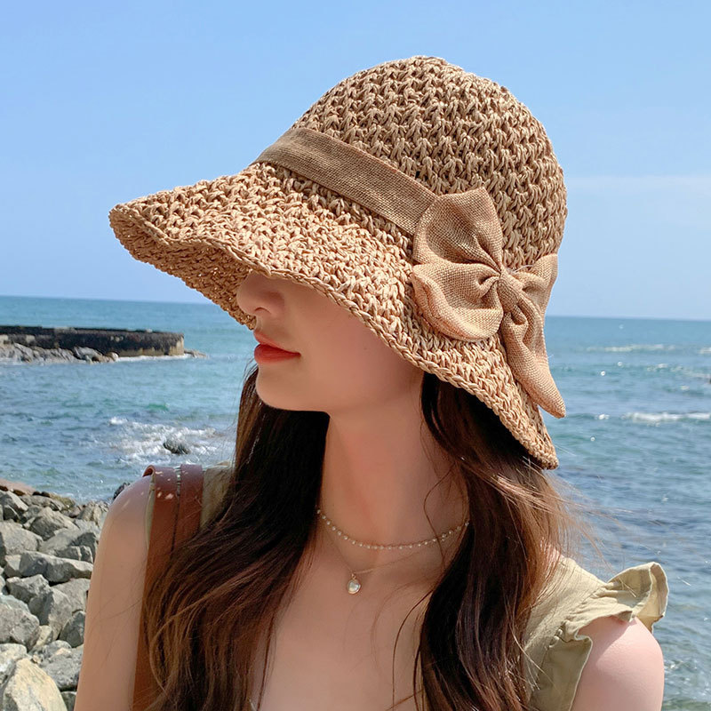 Straw Hat Women's Bow Woven Seaside Fisherman Hat Korean Style Fashionable Face-Covering Sun Hat Internet Celebrity Sun-Proof Sun-Proof Hat