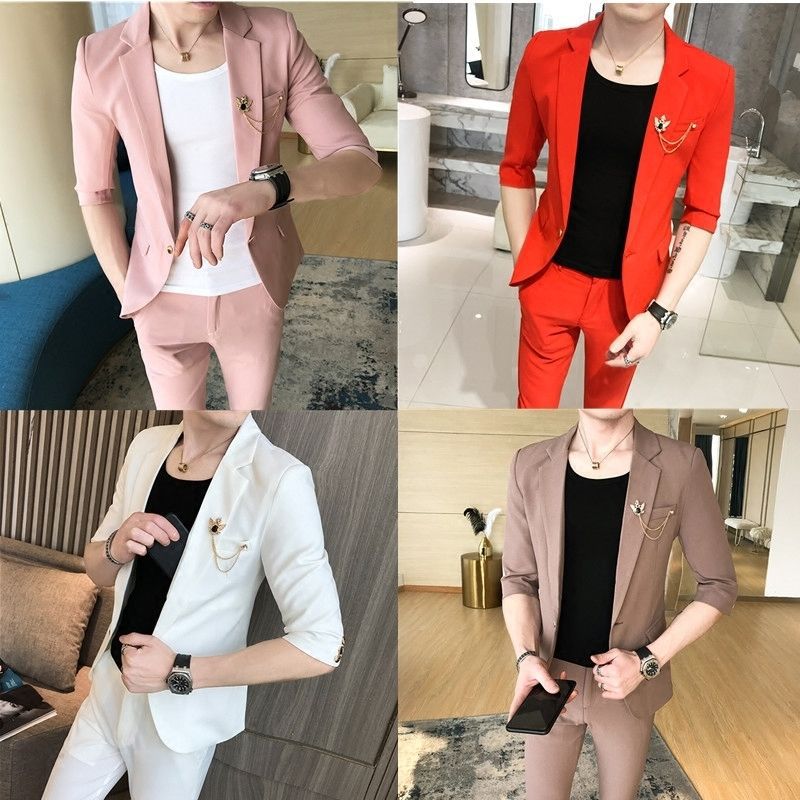 男士夏季夜场少爷酒吧发型师小码中袖西服九分裤套装伴郎礼服制服