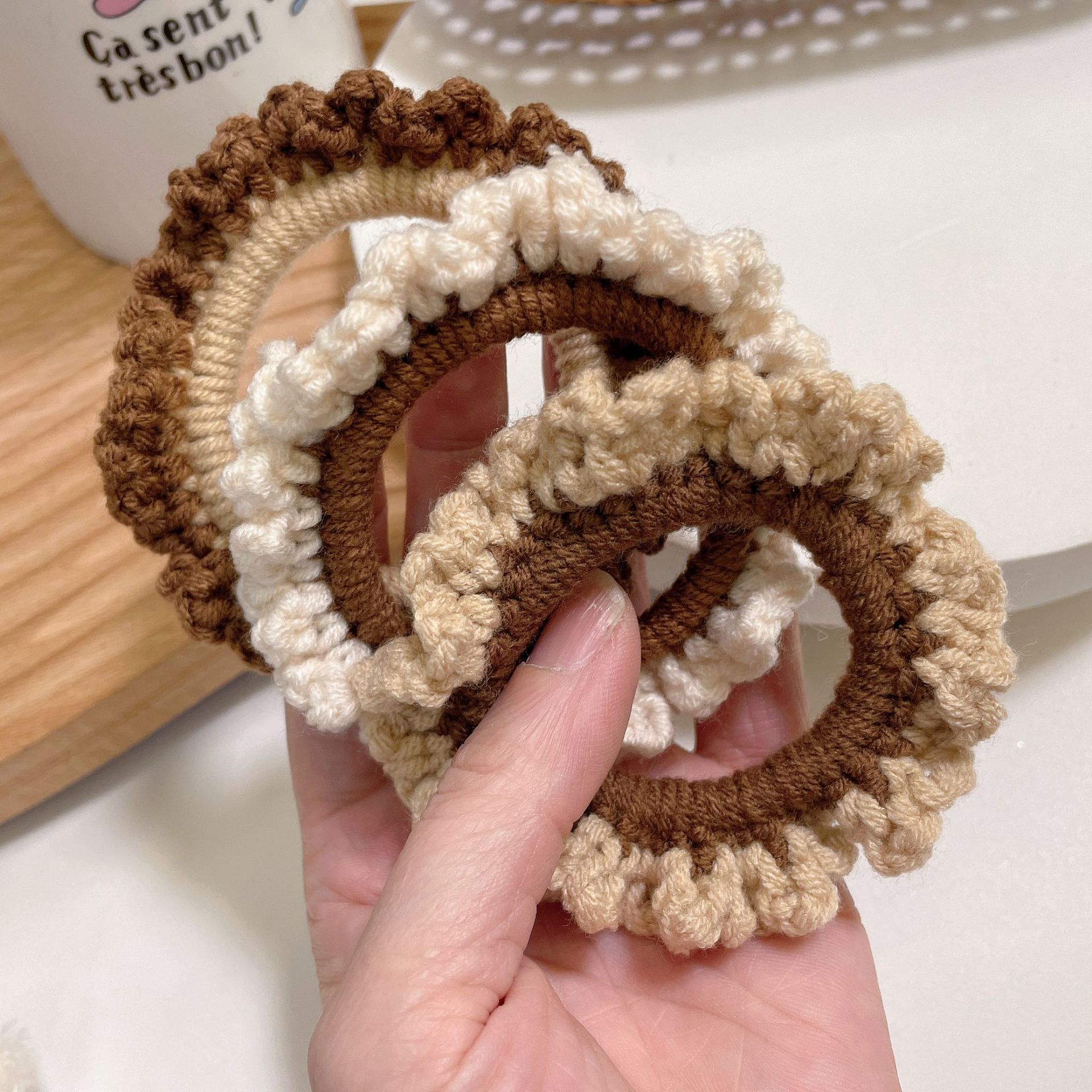 韩国东大门秋冬新款手工编织毛线米咖色大肠圈发圈气质少女发饰