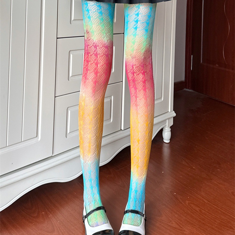 跨境爆款彩虹渔网袜性感多巴胺糖果炫彩色打底连裤袜五颜六色丝袜