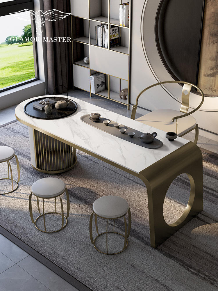 新中式茶桌岩板轻奢办公老板桌简约现代火烧石功夫茶桌椅组合h856