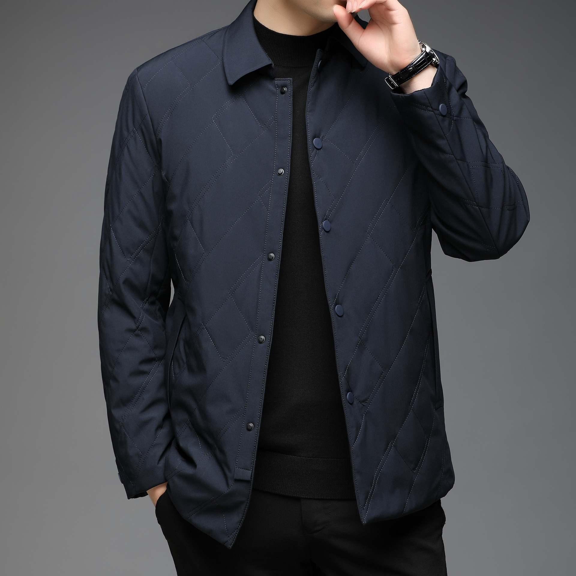 2024翻领男士商务休闲棉衣中老男爸爸装冬季轻薄夹克棉服简约外套