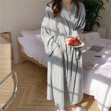 家居服春季V领睡袍高级感格子睡衣女格子新款日式浴袍长款和服