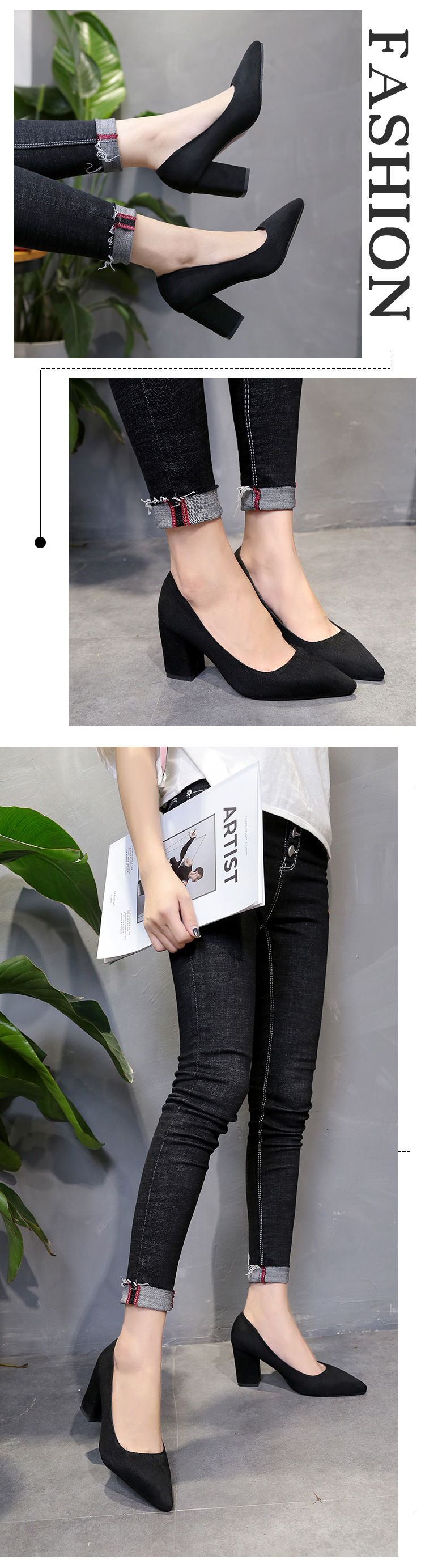 外贸跨境欧美大码粗跟单鞋女43码尖头高跟鞋浅口绒面四季鞋工作鞋