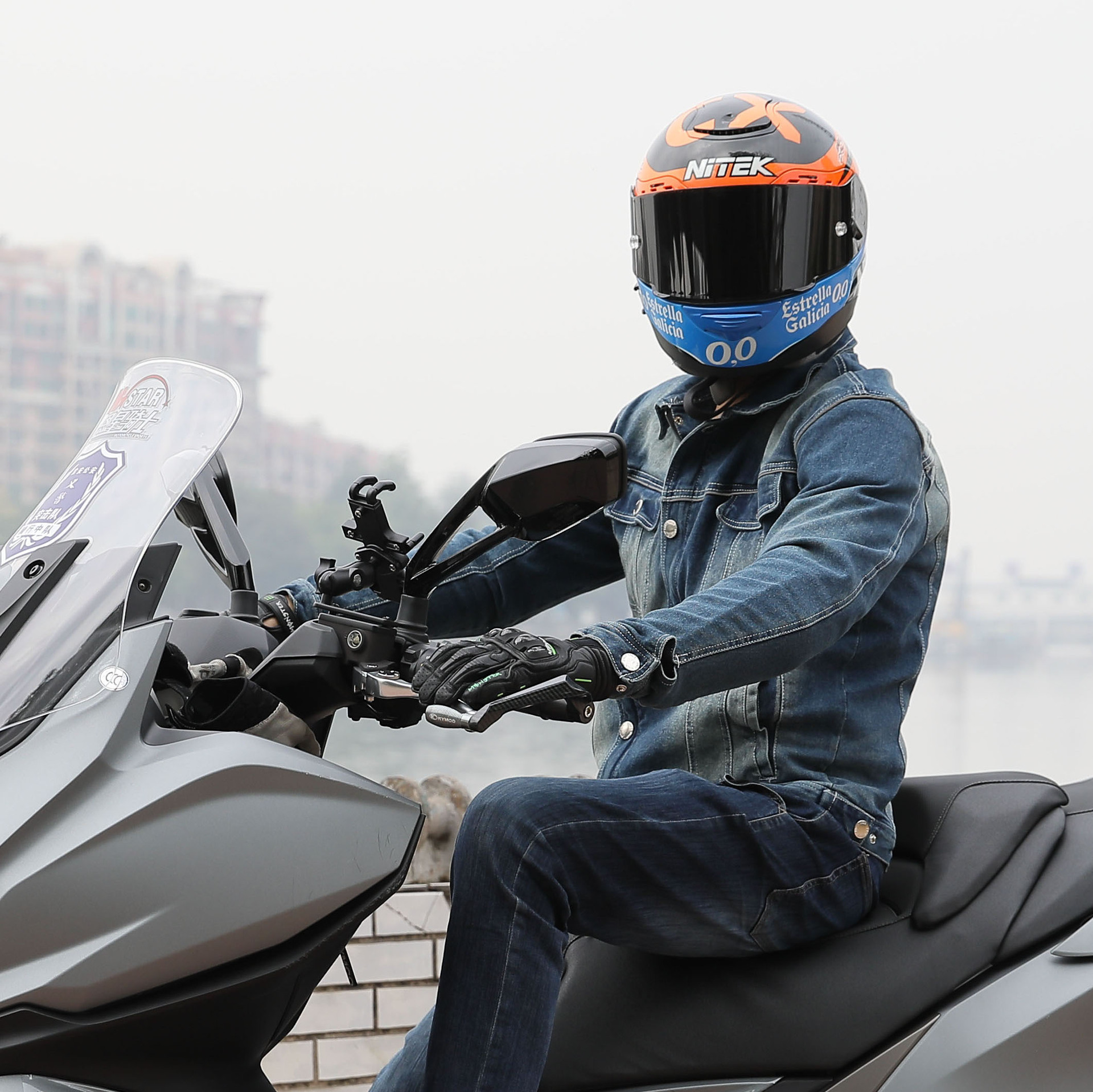 摩托车骑行服男牛仔衣休闲通勤机车夹克防风防摔衣蓝色