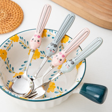 卡通萌兔陶瓷手柄叉子西瓜勺不锈钢家用勺子可爱儿童甜品勺叉子