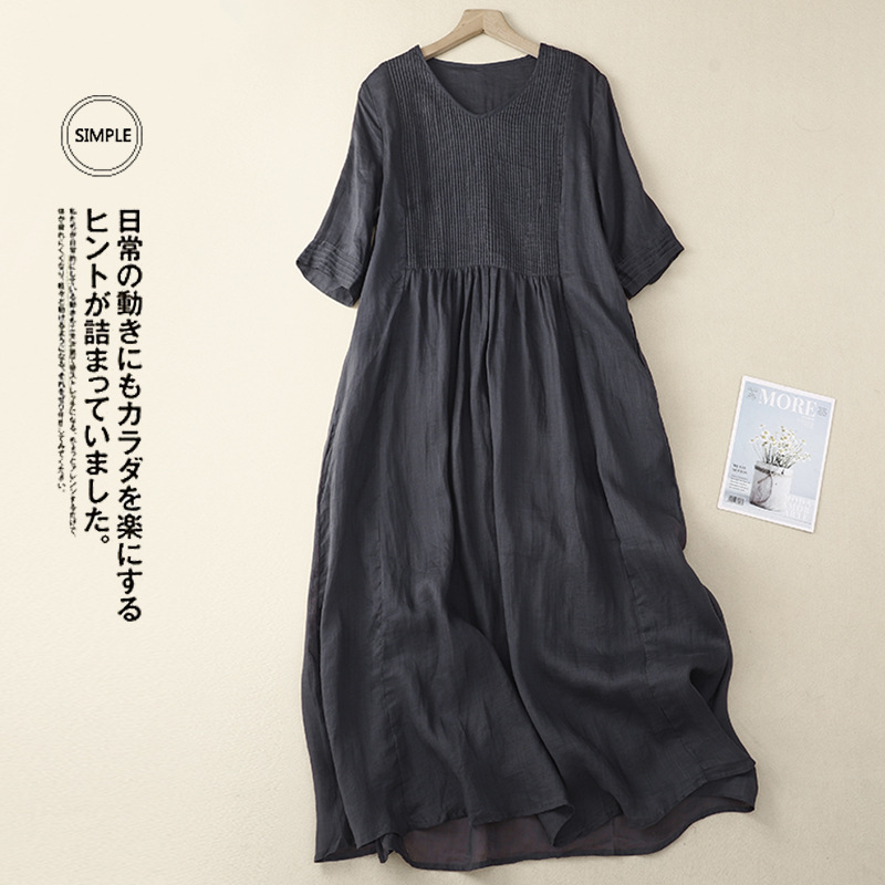 2023 Summer New Retro Japanese Cotton and Linen Women's Large Size Organ Pleated V-neck Loose Artistic Short Sleeve Dress
