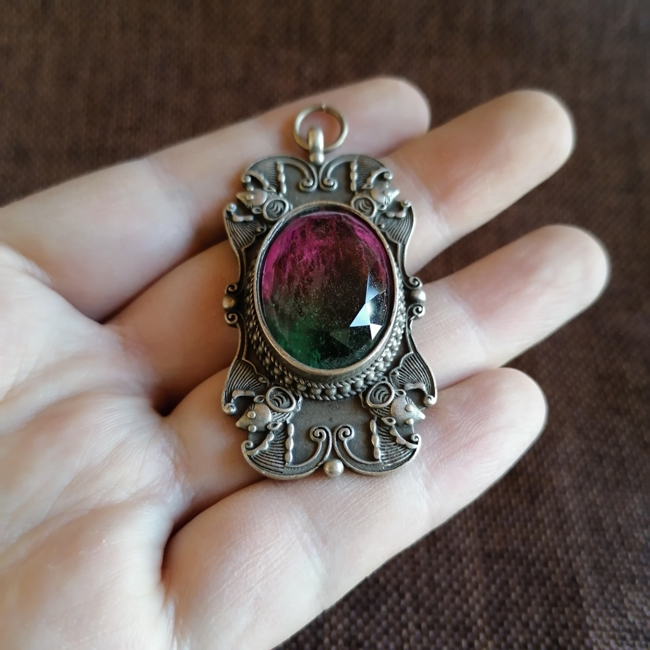 古玩古董旧藏雕工老银镶嵌双色碧玺吊坠多彩挂件项链水晶吊坠收藏