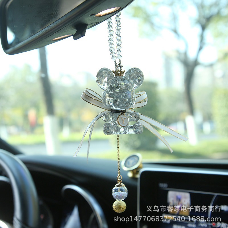 Cute Luxury Car Accessories Crystal Bear Car Jewelry Hang Decorations Rearview Mirror Pendant Car Interior Decoration Female Online Influencer Decoration