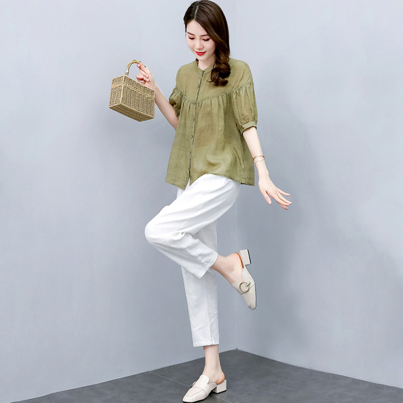 小个子棉麻套装女2022年夏季新款时尚宽松休闲薄款苎麻两件套裤子