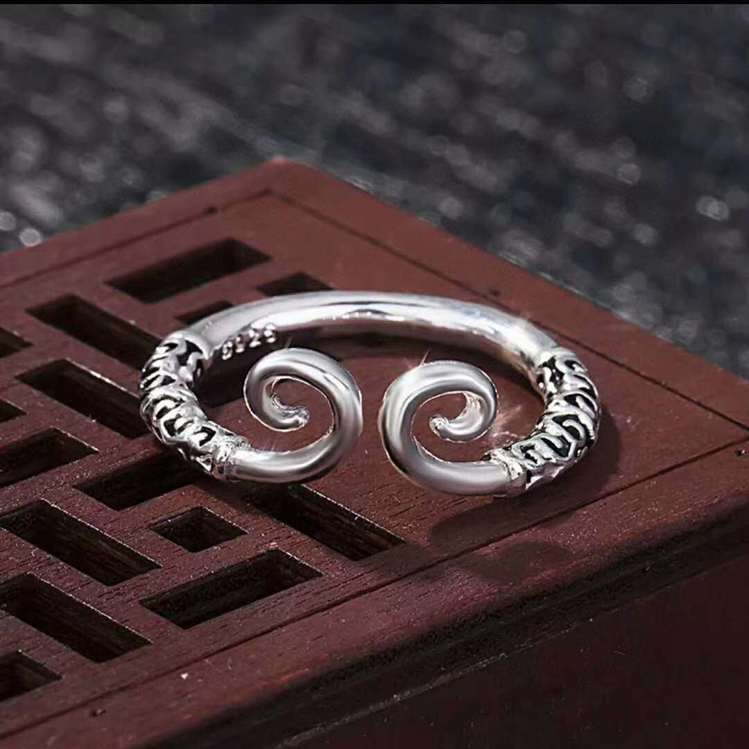 银饰 足银999爱你一万年情侣对戒 复古金箍棒 紧箍咒一件代发