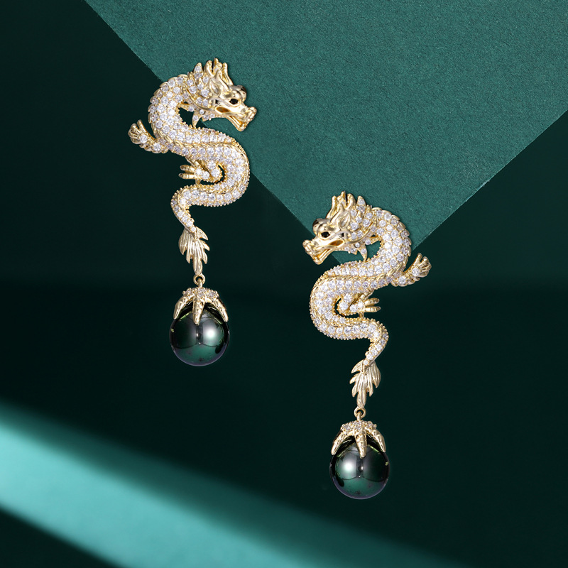 龙年生肖耳饰中国风个性耳坠复古潮创意设计感珍珠s925银针龙耳环