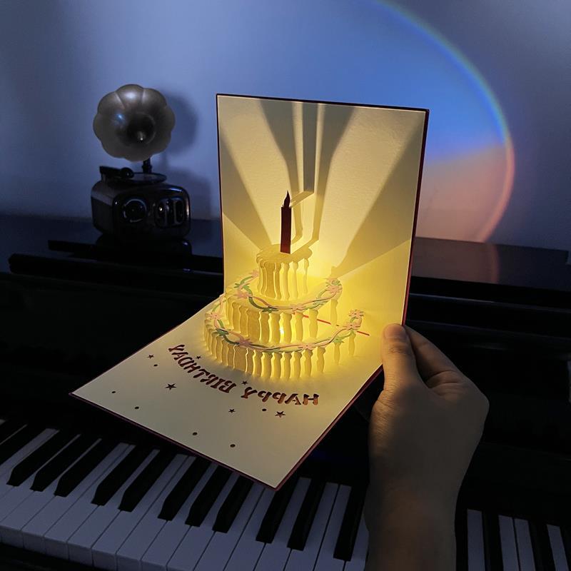 生日贺卡带音乐 创意高档3d立体弹出纸雕蛋糕送男女朋友生日礼物