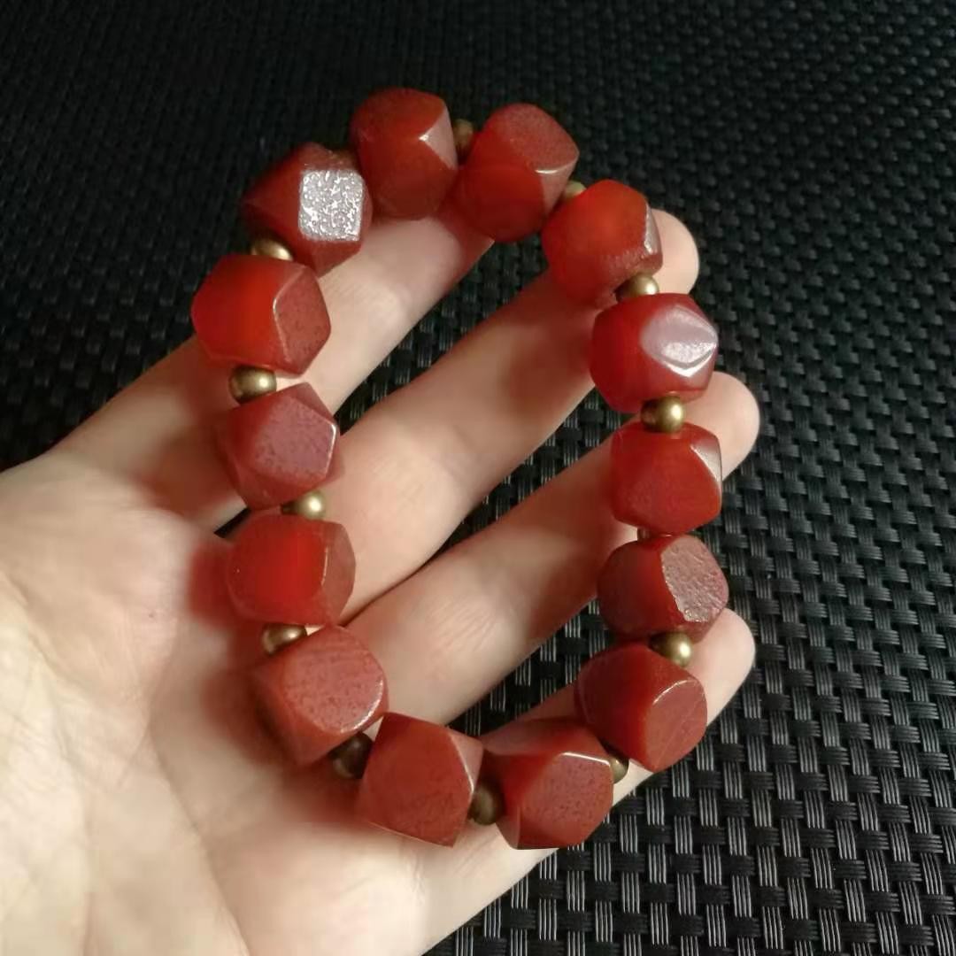 古玩收藏唐八棱红玛瑙珠子手链手串柿子红多棱玛瑙男士手串手链
