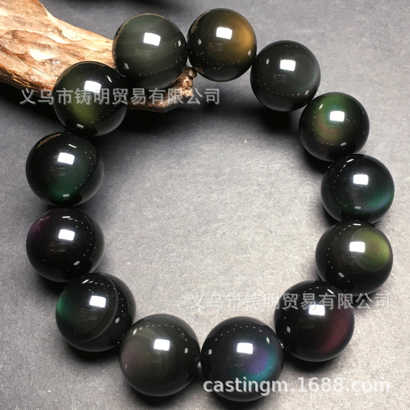 7a天然沙金黑曜石散珠 彩虹闪光眼情侣款佛珠手链项链配件diy饰品