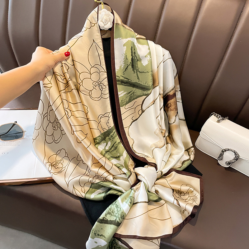Spring New Camellia All-Matching Printed Emulation Silk Scarf Air Conditioning Elegant Shawl Korean Style Sun Protection Thin Scarf