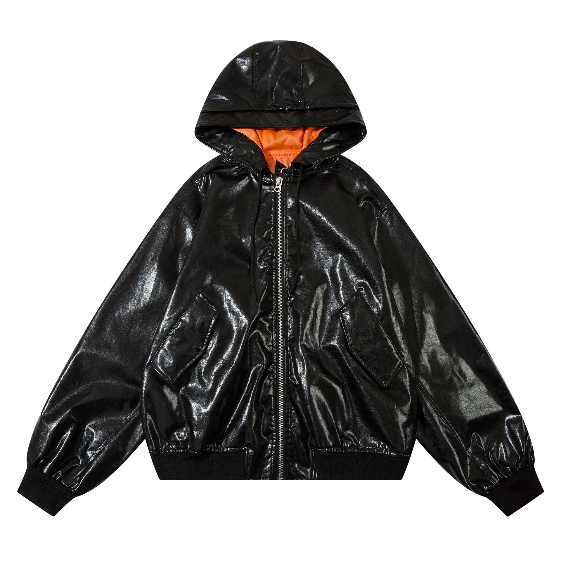 原创美式潮牌秋冬连帽皮衣外套欧美vibe机车服男pu皮夹克高街痞帅