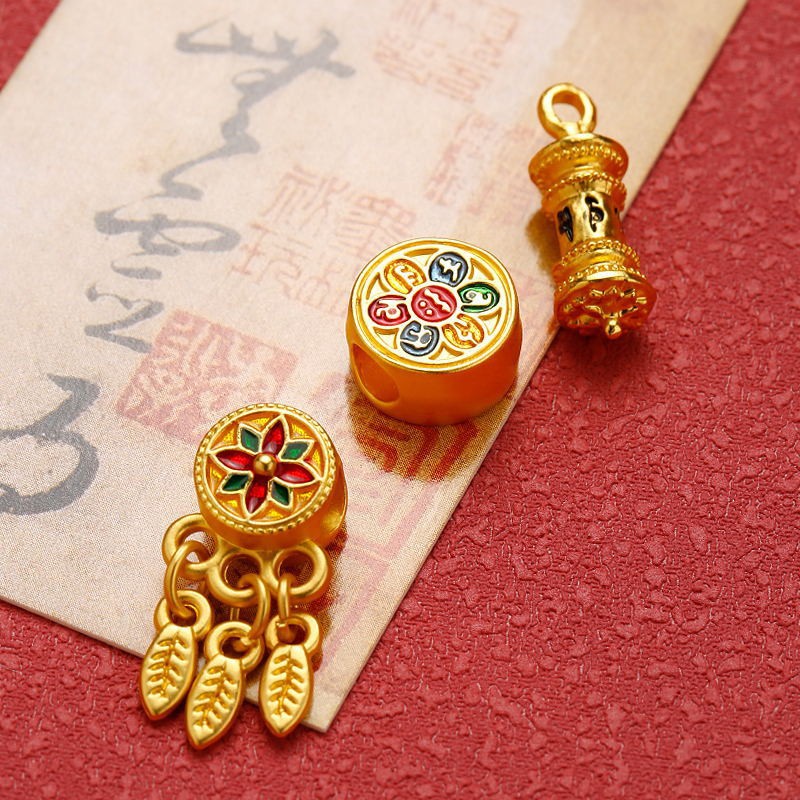 Ancient Style Matte Gold Six Words Mantra Pendant Dreamcatcher through Hole Vajra Pendant Thangka Necklace Bracelet Factory Wholesale