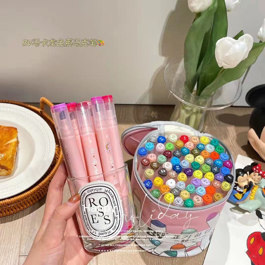 bv80色马克笔巴卫双头彩色学生手绘设计绘画三角杆双头油性马克笔