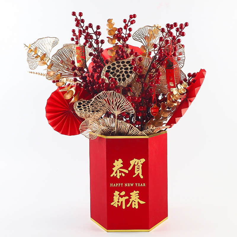 新年六角福桶红色福气抱抱桶 恭贺新春六六顺福桶冬青银柳插花桶