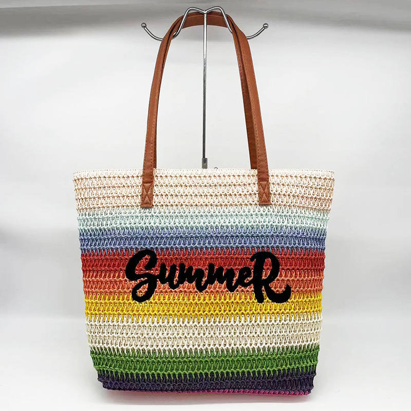 New Straw Bag Women's Large-Capacity Shopping Bags Striped Letters Beach Bag Foreign Trade Handbag Factory Wholesale