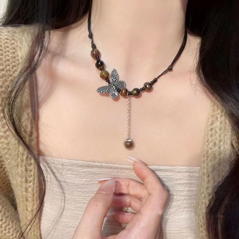 handmade new chinese style vintage ceramic butterfly necklace female ethnic style national fashion ancient style clavicle chain drawstring necklace wholesale