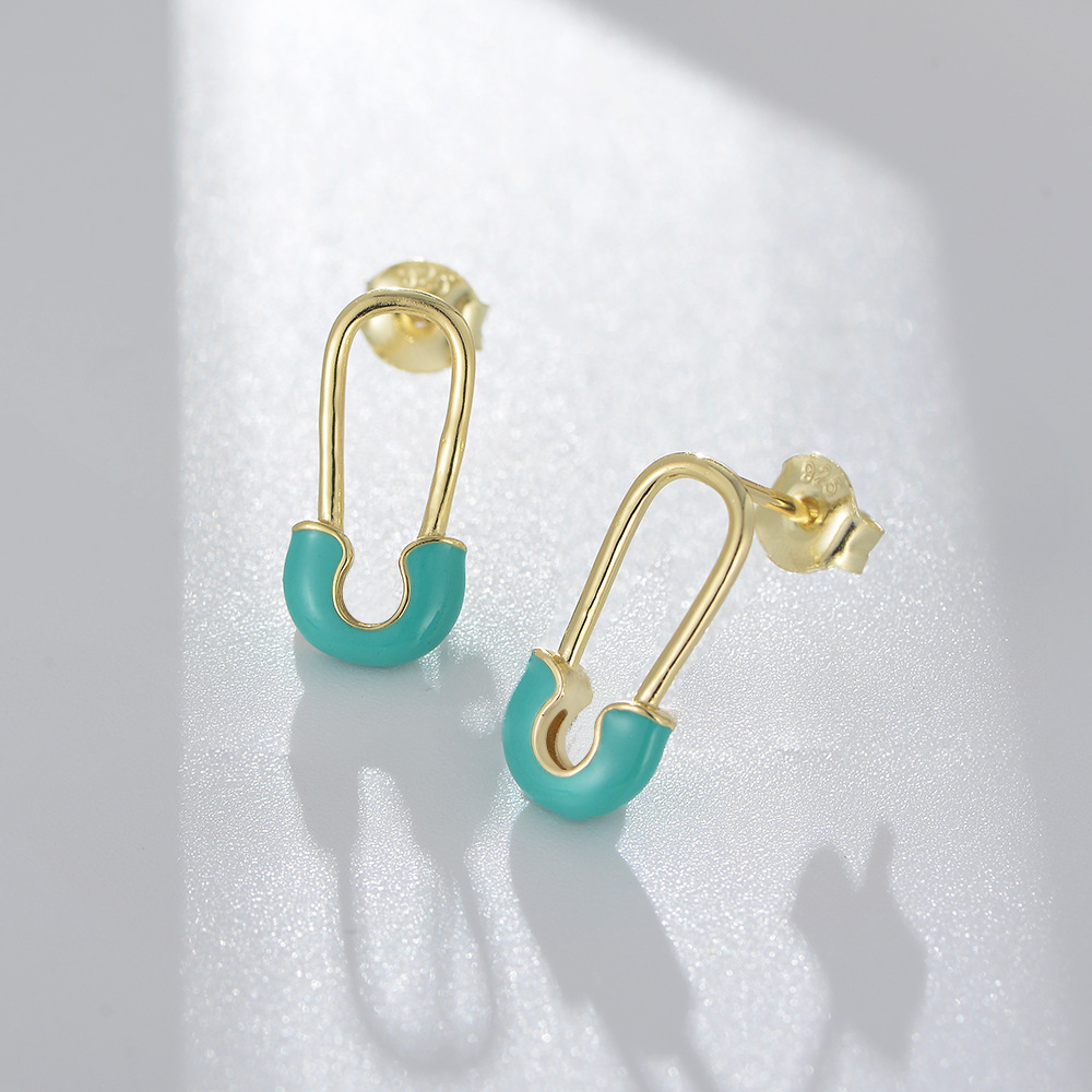 s925纯银简约回形针耳钉女欧美ins个性小众设计感滴胶耳环银耳饰