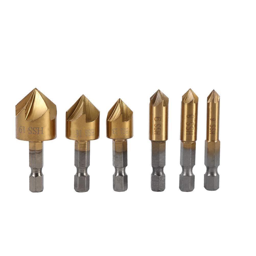 Hexagonal Shank Titanium Plated Five Blade Chamferer 6-19mm Woodworking Rose Reamer Set 6PCs Woodworking Hole Saw