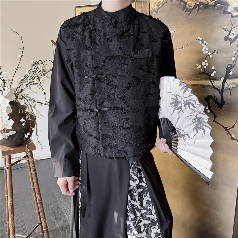 中国风潮毛毛流苏提花盘扣立领斜襟唐装马甲男新中式马褂背心坎肩