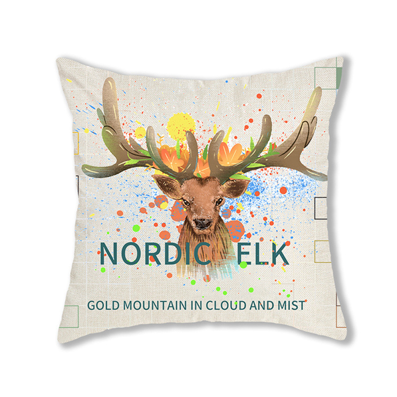 Hand-Painted Cartoon Watercolor Digital Printed Pillowcase Christmas Elk Head Portrait Holiday Activity Gift Decorative Cushion