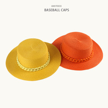 2021新款草帽女士夏季出游度假沙滩帽子 英伦平顶礼帽防晒遮阳帽