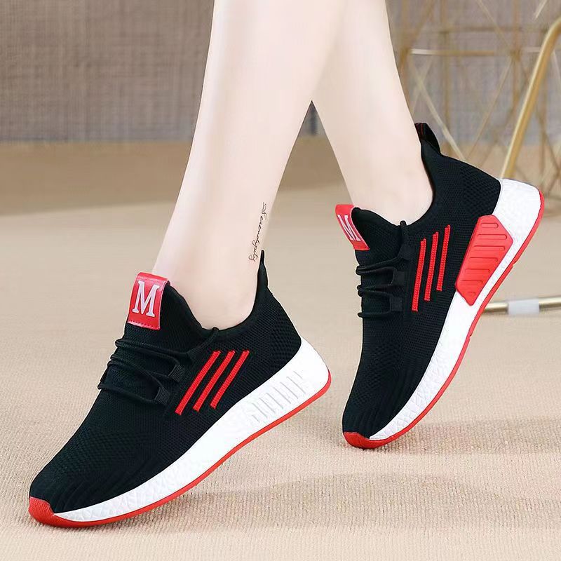 2023 New Sports Shoes Korean Style Spring and Autumn Summer Student Running Shoes Breathable Women's Knitted Flat Casual Mesh Surface Shoes