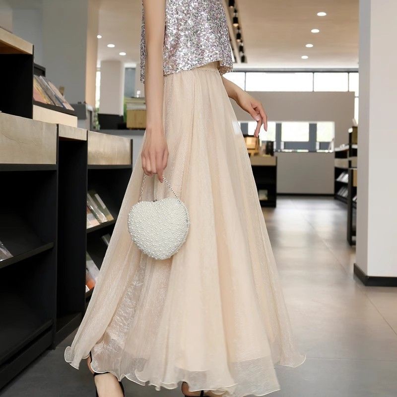 纱裙半身裙女春夏2024新款温柔金丝仙女大摆裙网纱长裙高腰字裙