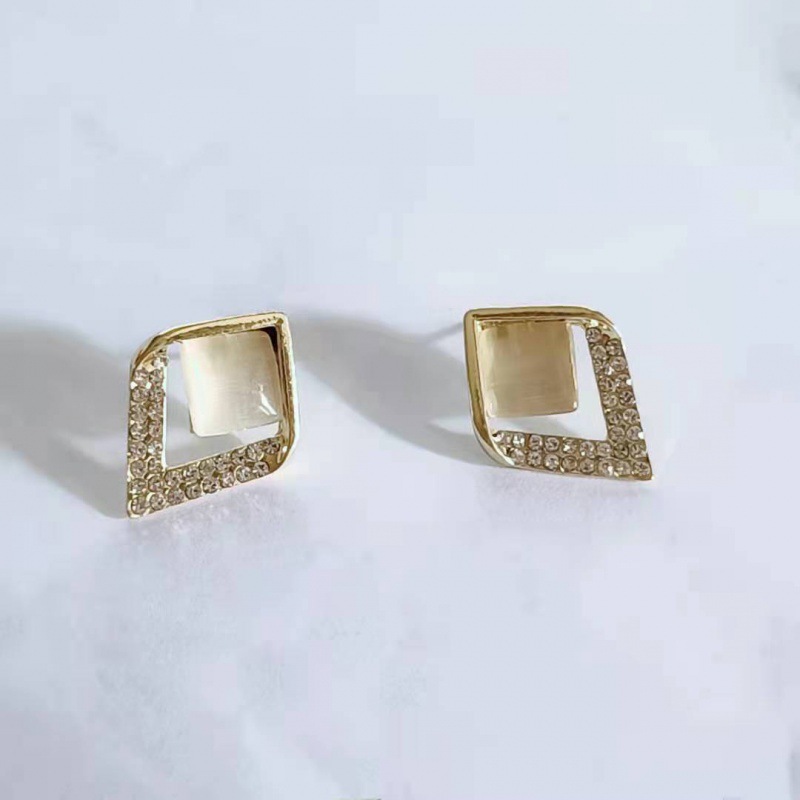 Geometric Diamond White Moonlight Opal Stone Ear Studs Sterling Silver Needle Korean Style Fashion Ear Jewelry