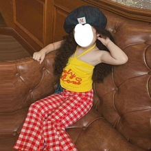 韩版女童2024夏季新款洋气字母挂脖吊带背心女宝宝宽松格子喇叭裤