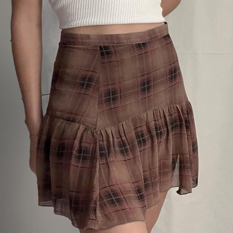 英伦学院风不规则格子纹高腰轻薄梭织裙少女减龄百搭拼接a字短裙