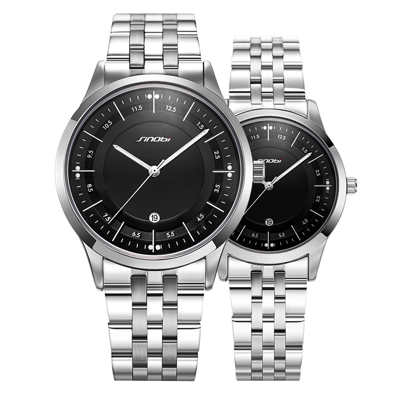 sinobi情侣手表商务个性带日历防水钢带男表女表跨境外贸批发9842