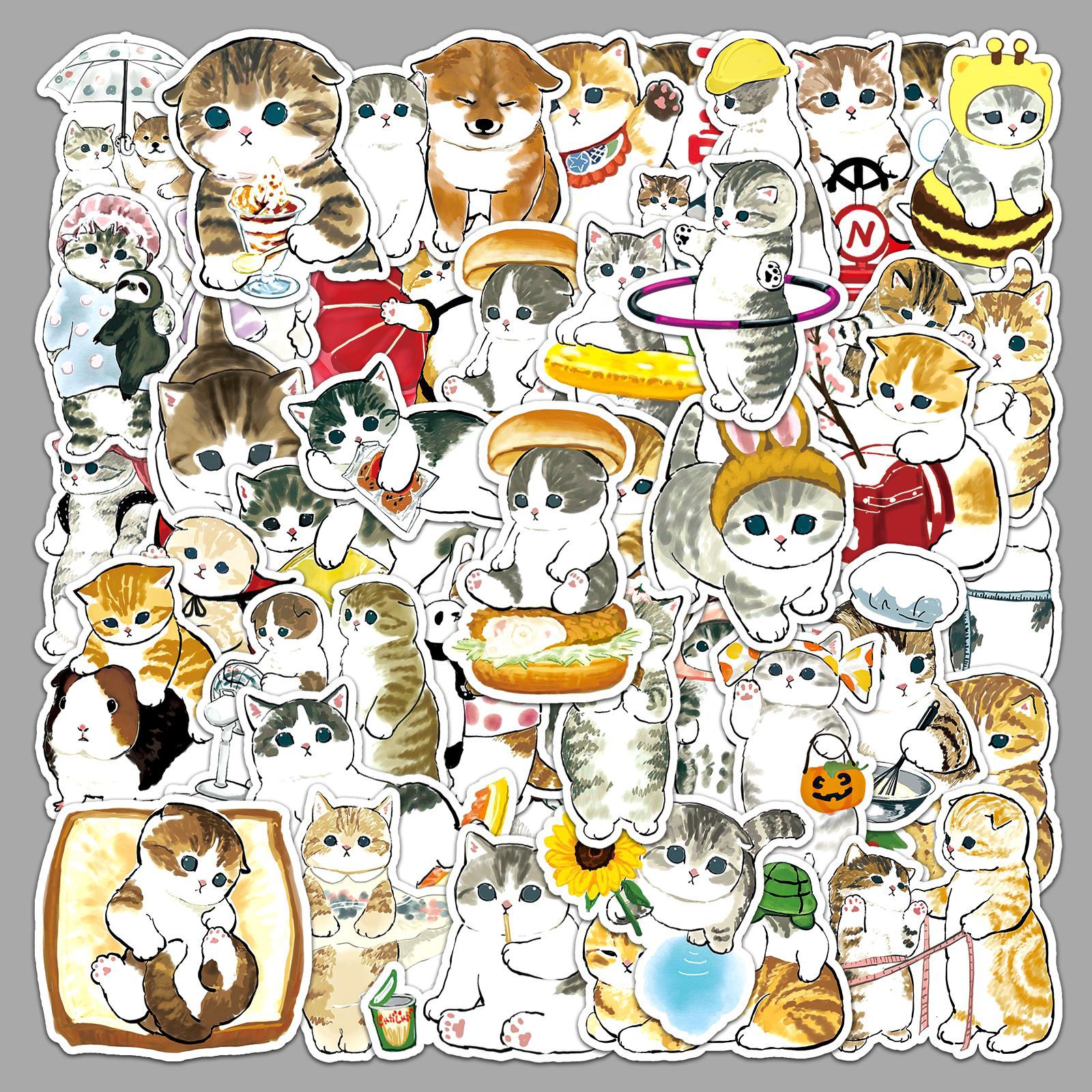 50张手绘小猫咪个性跨境水彩卡通可爱儿童咕卡手账装饰行李箱贴纸