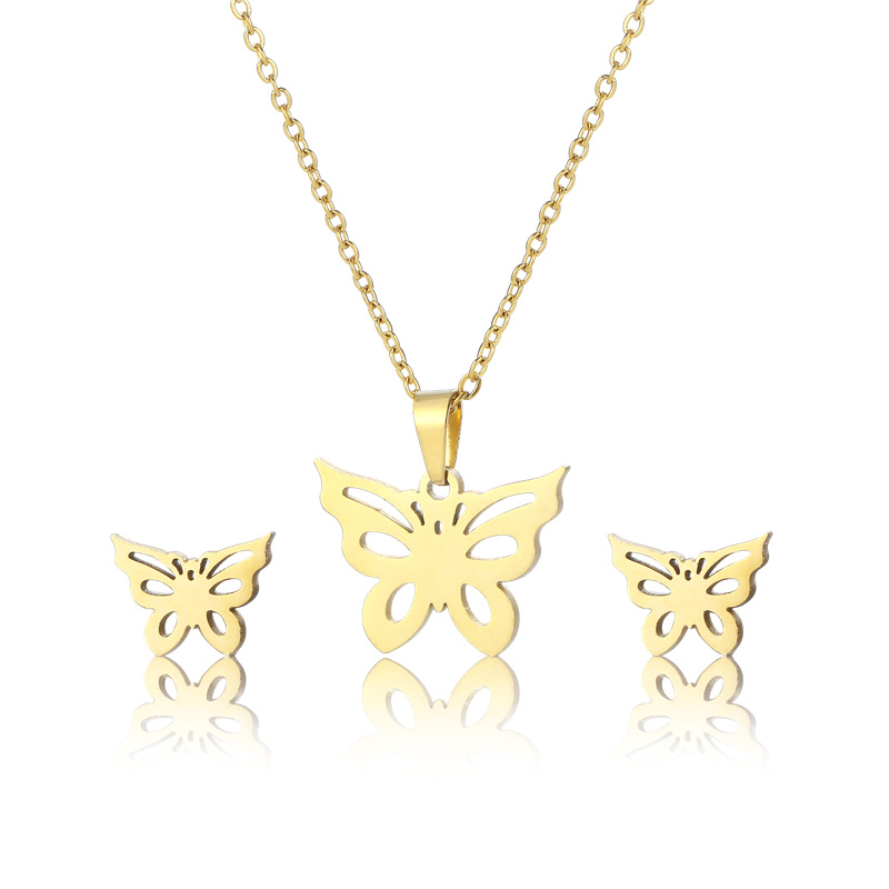 Mexico Fashion Butterfly Necklace and Earrings Suite Butterfly Clavicle Chain Gold-Plated Stainless Steel Three-Piece Set Cross-Border Supply